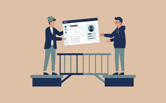 Two people collaborating on website wireframe