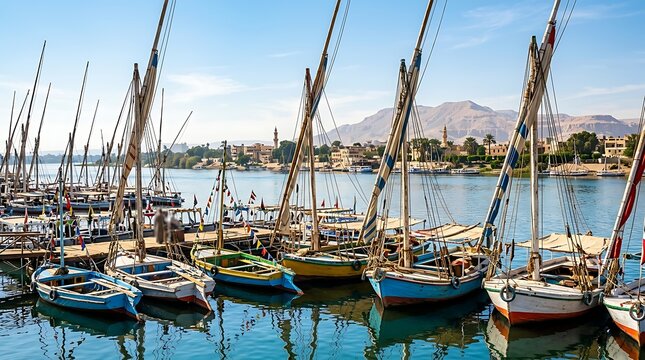 Traditional wooden felucca sailboats moored on the Nile River in Aswan Egypt under a clear blue sky