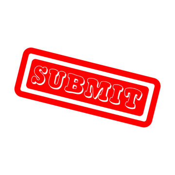 A bright red rubber stamp with the word submit written in bold letters for office work and business tasks