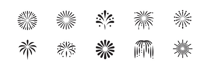 Obraz premium Fireworks display flat black silhouettes collection isolated on white background for festive holiday celebration graphic.