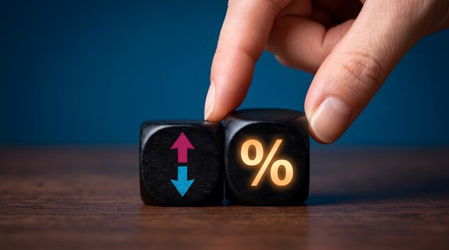 Fingers adjusting percentage dice with up and down arrows.