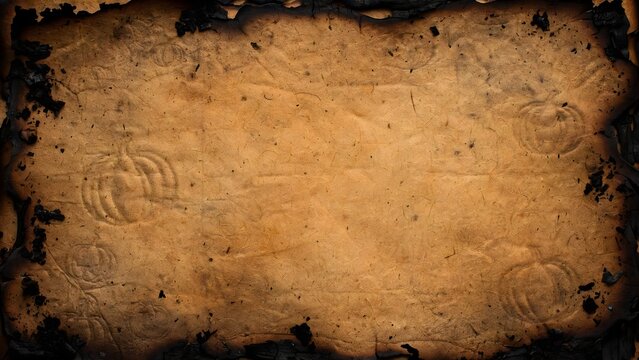 Rustic parchment paper background with singed dark edges, subtle faded pumpkin silhouettes, and warm amber charcoal tones