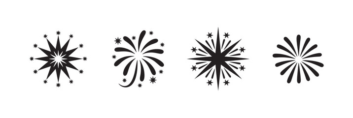 Obraz premium Decorative black firework and explosion vector icons feature dynamic burst effects for festive and celebratory design.