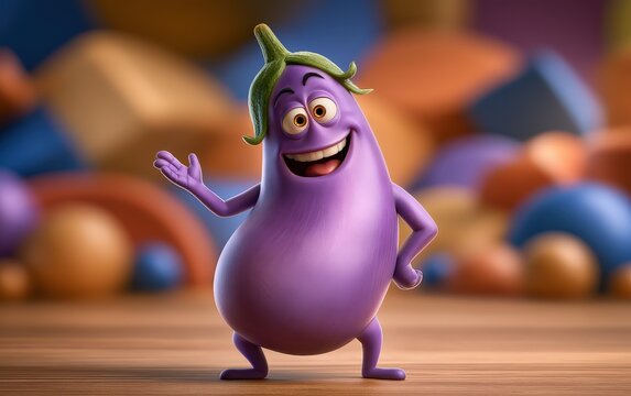Animated Purple Vegetable Character Standing in a Colorful Candy Land Setting