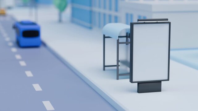 Animation of a city street, bus stop and advertising banner with blank space for text. Minimalist 3D style of a downtown or business district, empty billboard. Tamplate for ads, branding content