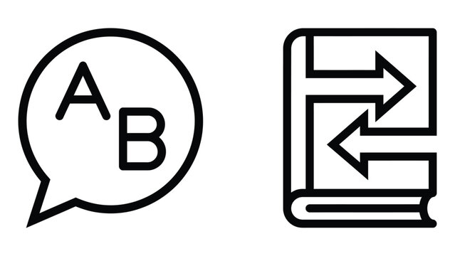 Translation icons vector set featuring speech bubble with letters and dictionary book with arrows