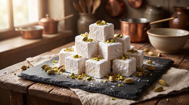 White Turkish delight stacked on a slate board with pistachios and cardamom in a rustic kitchen