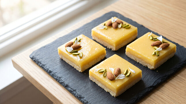 Delicious lemon bars with almonds and pistachios served on a dark slate board