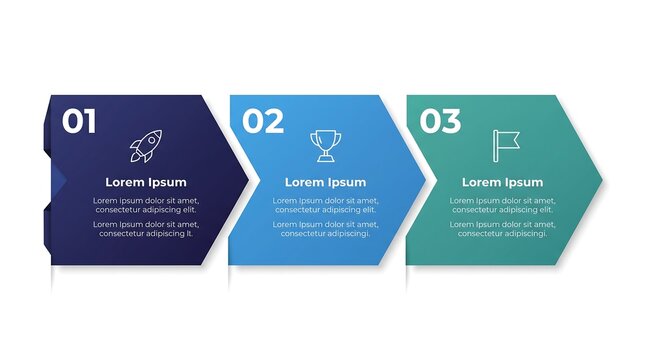 Infographic Template with Three Steps Arrow Shapes Numbered 1 2 3, Rocket Trophy and Flag Icons, Business Process Timeline, Presentation Design for Strategy and Progress Concept