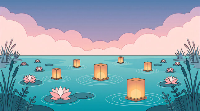 Floating paper lanterns and lotus flowers on tranquil water at sunset background