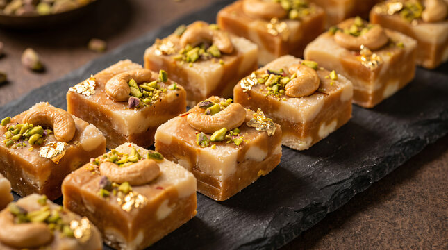 Traditional Indian sweet burfi pieces garnished with cashews and pistachios on a dark slate board