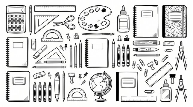 Hand drawn school and office supplies collection on a white background