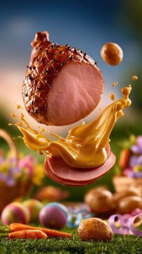 Delicious Ham and Sausage Skewers with Honey Glaze Surrounded by Colorful Easter Eggs and Baskets