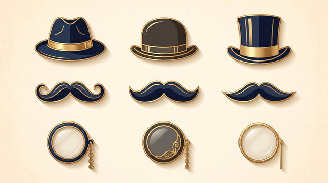 Vintage gentleman accessories set featuring classic hats, elegant mustaches, and retro monocles