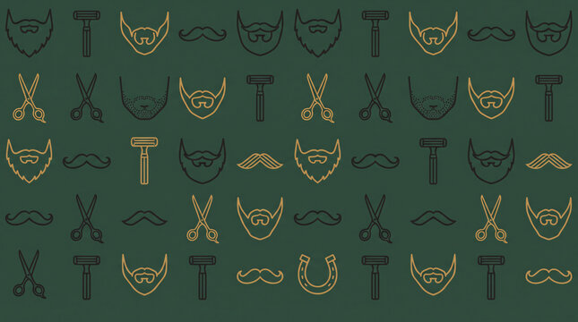 Barber shop seamless pattern featuring mustaches beards and razors on green background
