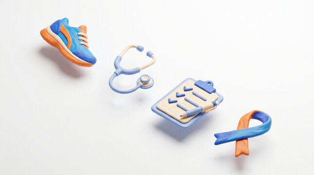 Healthcare and fitness icons 3D render with medical stethoscope and running shoe for wellness concepts