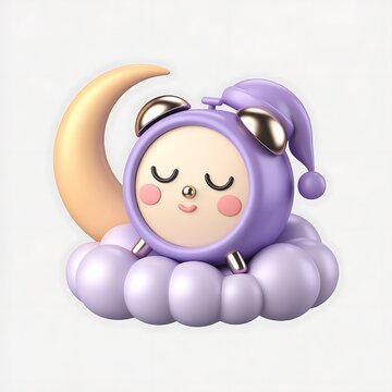 Sleeping Alarm Clock Night Cap Moon Cloud 3D Icon Good Night Concept