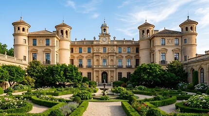Obraz premium Chateau de Chambord castle with formal gardens in the Loire Valley under a clear blue summer sky