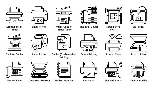 Set of black and white line icons representing various printing equipment