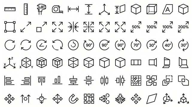 Set of black outline UI UX design and 3D modeling interface vector icons