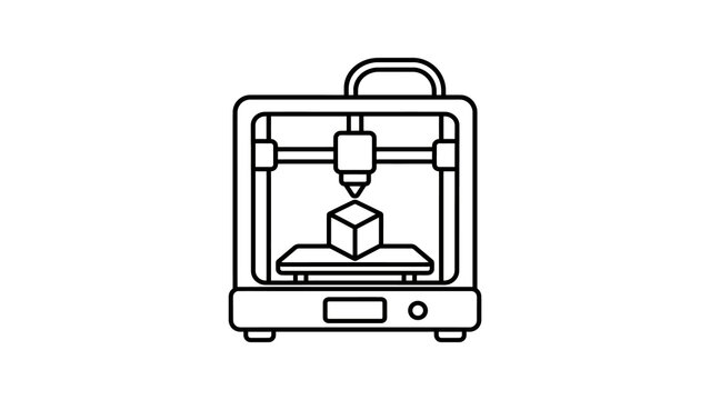 Black outline 3D printer creating a cube, innovation and manufacturing icon.
