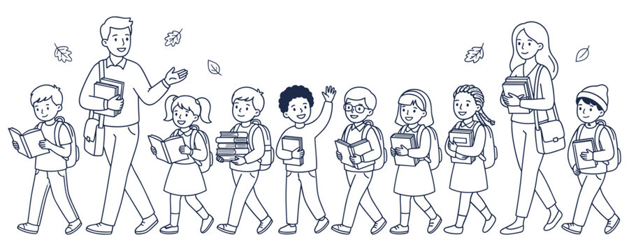 School students and teachers walking in line holding their books.