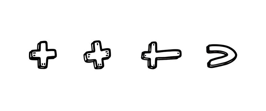 Two plus signs and a greater than symbol hand drawn on white background.
