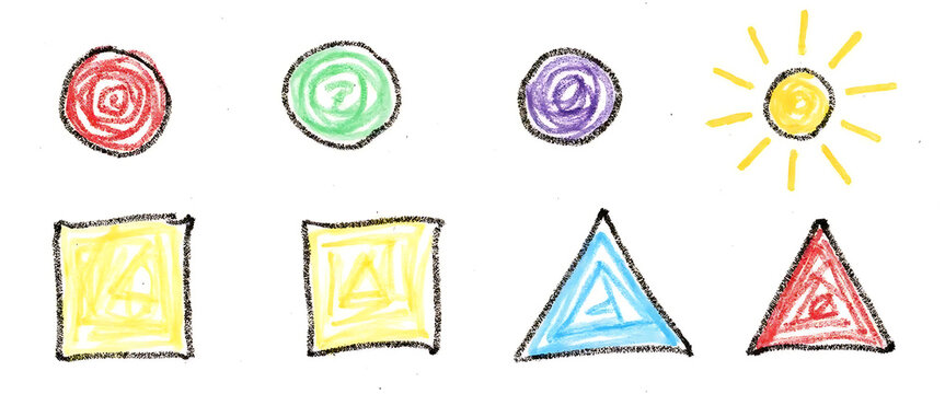 Hand drawn colored shapes and sun for early childhood education and playful designs.