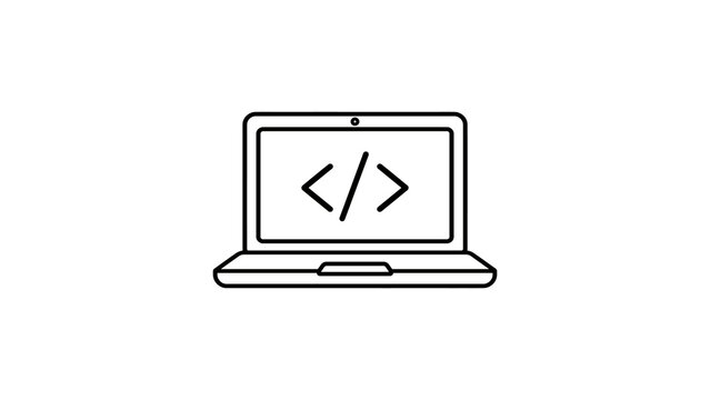 Black outline laptop with coding symbols, programming and development icon.