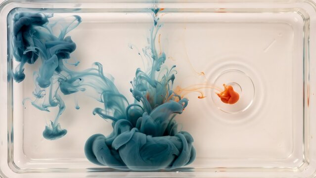 Blue and orange ink swirling in clear water inside a glass container creating abstract liquid shapes and patterns on a white background