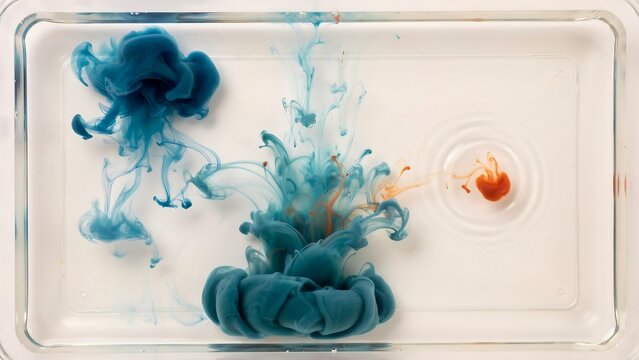 Blue and orange ink drops diffusing in clear water inside a rectangular glass container, creating abstract shapes and ripples on the surface
