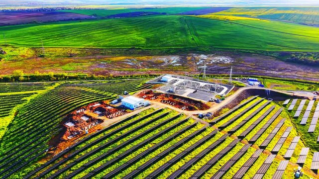 Solar substation stands amid rows of panels. Overhead shot captures transformer equipment, power lines and freshly graded construction ground.