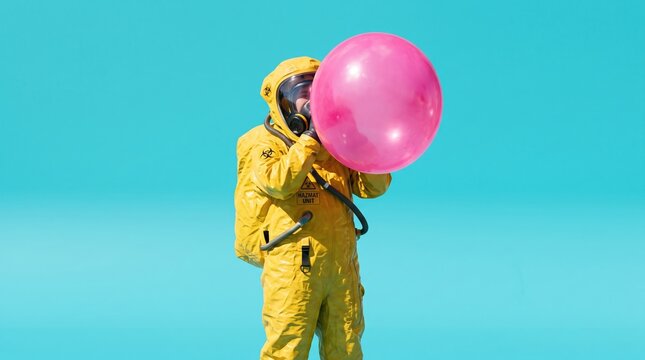 Person in yellow hazmat suit blowing a giant pink bubblegum bubble against a solid blue background in a surreal pop-art style studio portrait.