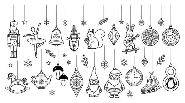 Black and white christmas ornaments set hanging for winter holiday.