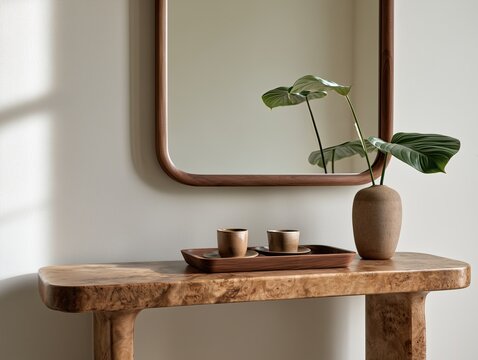Live edge wood console table with ceramic cups, plant and organic mirror