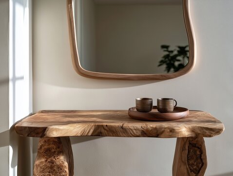 Live edge wood console table with ceramic coffee cups and organic mirror