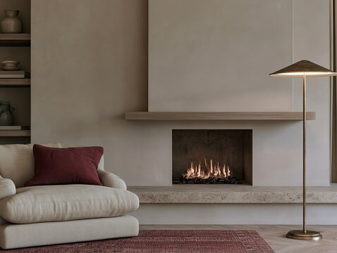 Modern fireplace with boucle armchair and burgundy pillow in warm minimalist interior