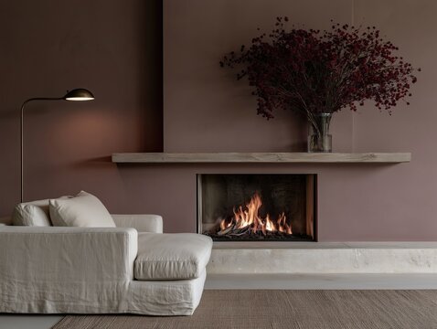 Modern fireplace with white armchair and floral arrangement in moody luxury interior