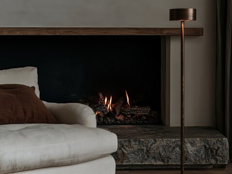 Modern fireplace with cream armchair and floor lamp in moody luxury interior