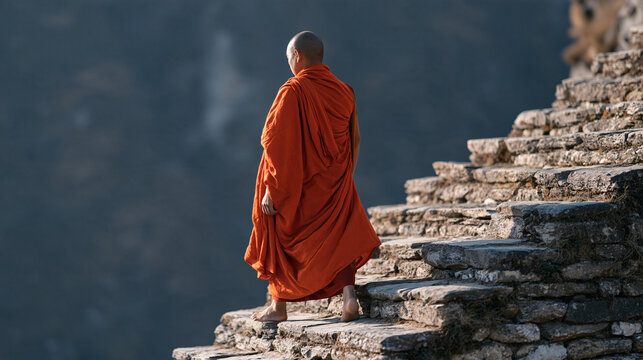 Nepali monk in saffron robes walking barefoot on stone monastery steps at dawn, serene focused expression, spiritual mental wellness, meditative movement, ancient mindfulness