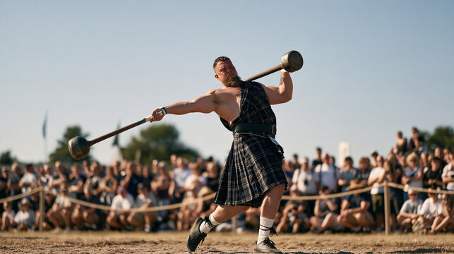 Scottish highland games athlete releasing hammer at outdoor games festival, full rotation follow-through, crowd behind rope barrier, traditional strength sport, heavy events