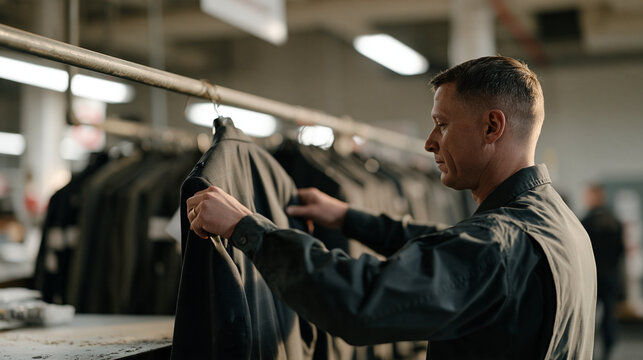 An army wardrobe consultant organizes dress uniform storage at shift's end inside a sterile facility, a dusty surface catching the last overhead light, single professional framing