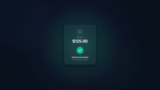 Payment Successful Confirmation Animation with Glassmorphism Card and Success Checkmark Loop