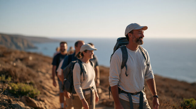 Caucus of diverse legislators walking a scenic coastal trail together, casual outdoor gear, bipartisan hiking retreat, elected officials nature wellness policy break, teambuilding