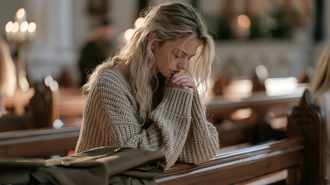 A young Irish widow sitting alone in church pew after a military funeral service, uniform folded beside her, bowed head, wartime grief, spousal loss, military bereavement, solemn