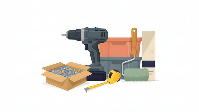 Flat vector home improvement tools set with electric drill paint roller tape measure and screws
