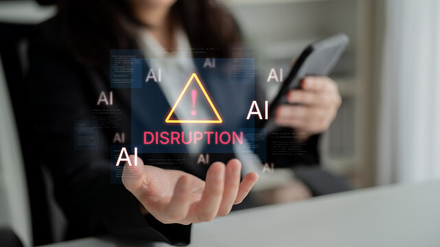 Disruption warning future of work, featuring AI agents replacing human jobs. Represents labor unemployment, corporate automation cost shift, and need for new career reskilling and upskilling. Corpus