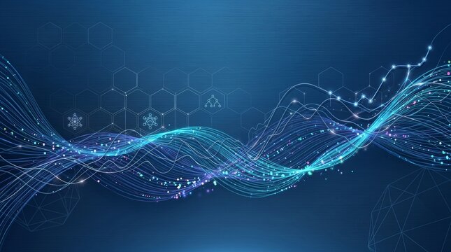 Abstract blue digital wave background, futuristic science data visualization, glowing particles and molecular structures for technology concepts