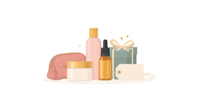 Flat vector beauty cosmetics gift set with serum bottle lotion jar makeup bag and box