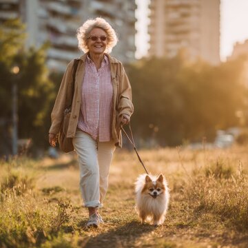 Happy Senior Woman Walking Cute Pomeranian Spitz Dog At Sunset